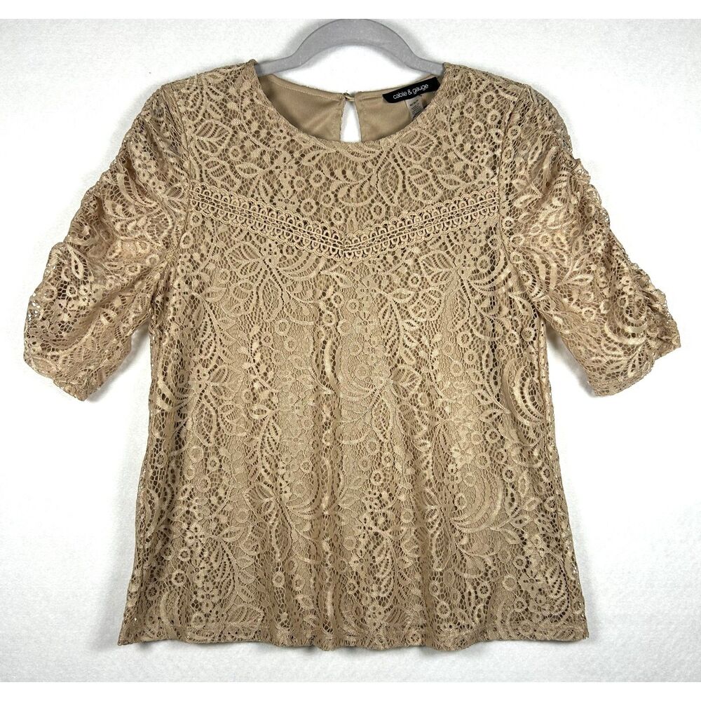 NWT Cable & Gauge Champagne Lace Blouse Top Boho Lined Short Sleeve Size M